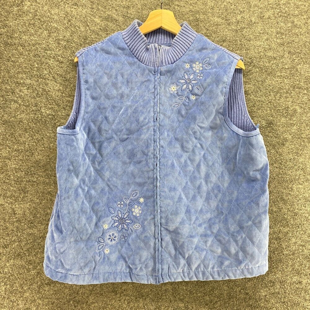 5/$45 Alfred Dunner Vest Women 14 Blue Floral Embroidered Full Zip Sleeveless